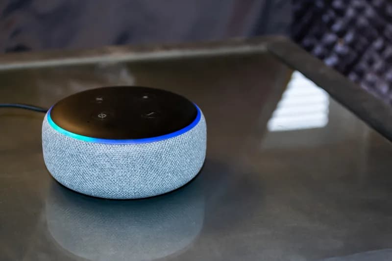 Amazon Echo Dot on a shelf beside a Kindle