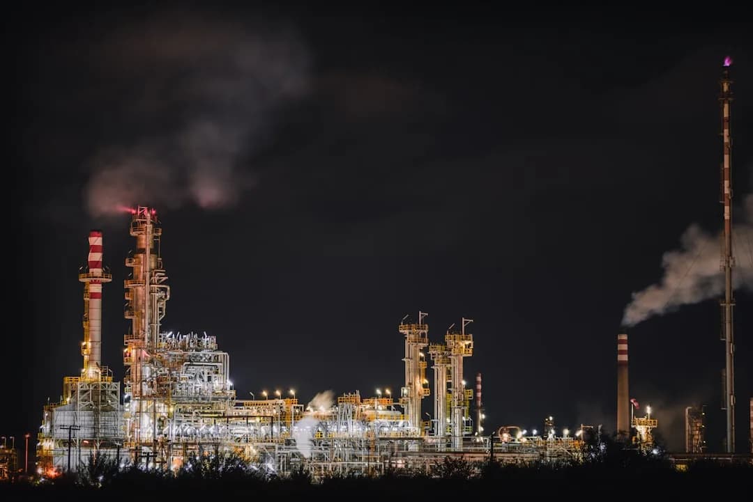 Smoke over an oil refinery at dawn in Russia